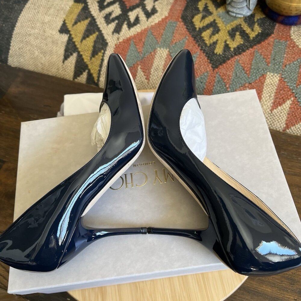 Jimmy Choo MEI Navy Patent Leather Almond Toe Pump Heels - Picture 2 of 15